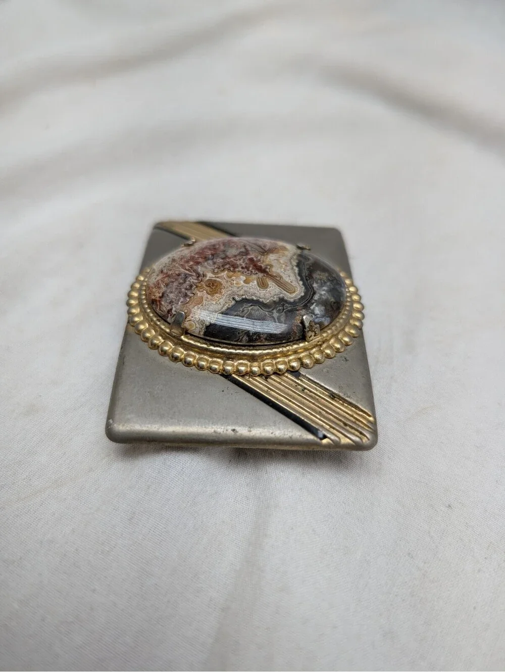 Unisex Belt Buckle, metal with a Brown & Cream-Colored Stone, 2 1/2